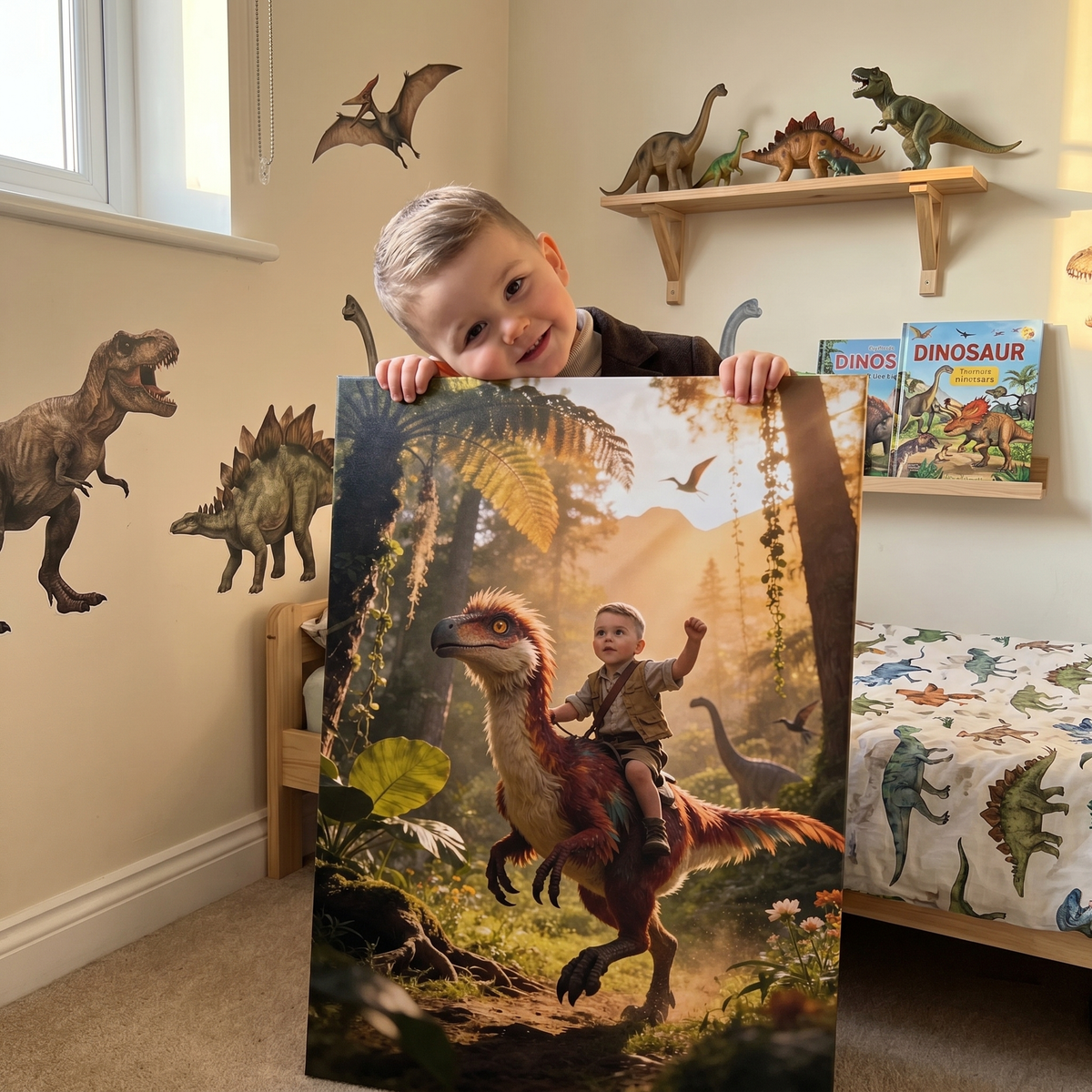 Der kleine Dino-Forscher – Kinderportrait auf Leinwand