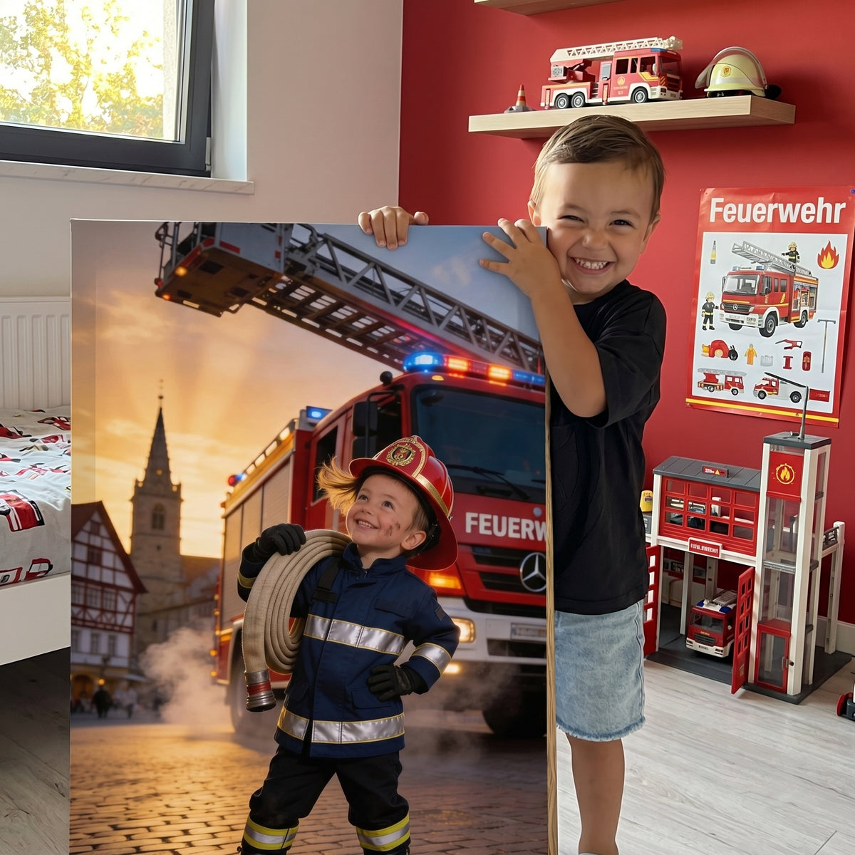Der kleine Feuerwehrmann – Kinderportrait auf Leinwand