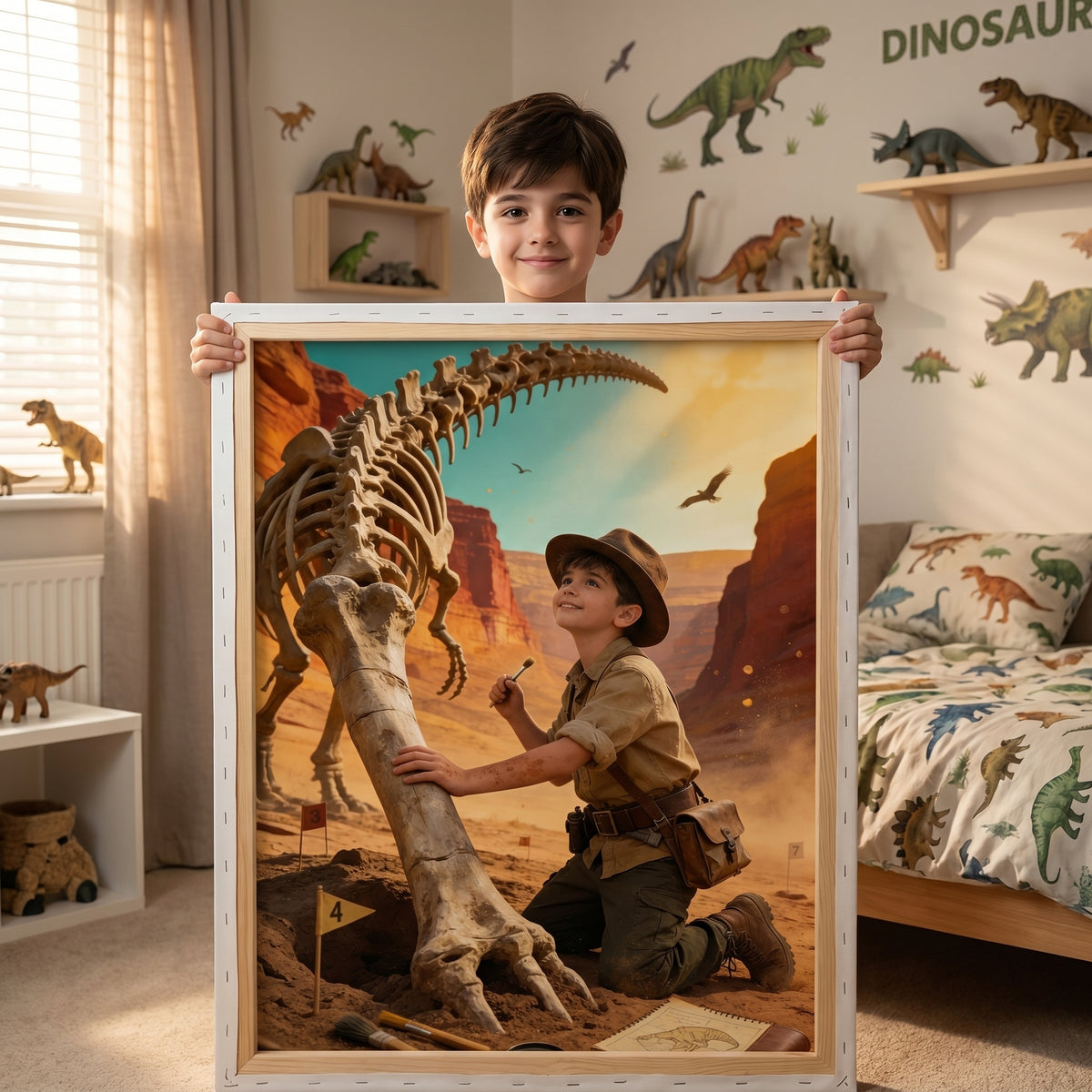 Der kleine Paläontologe – Kinderportrait auf Leinwand