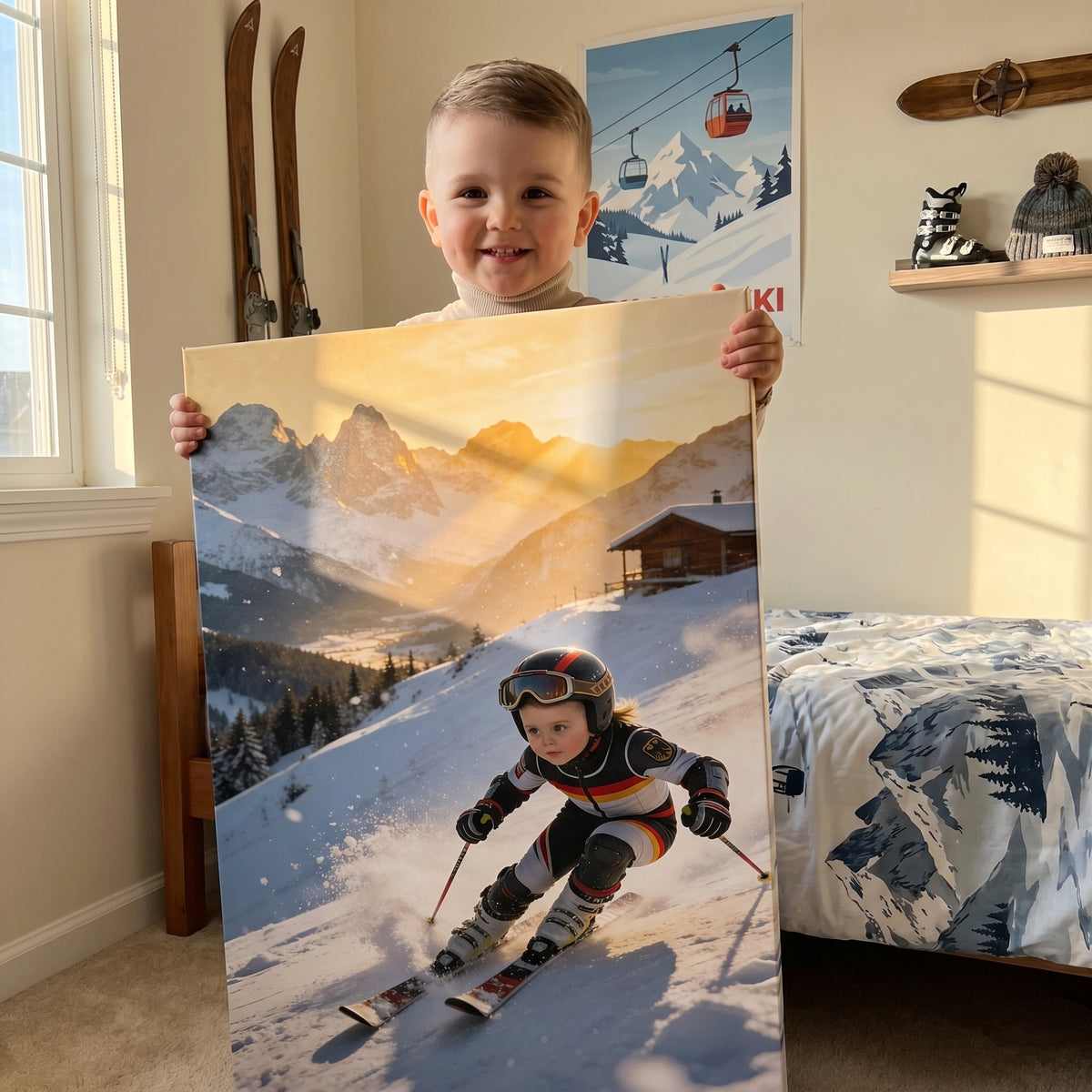 Der kleine Skifahrer – Kinderportrait auf Leinwand