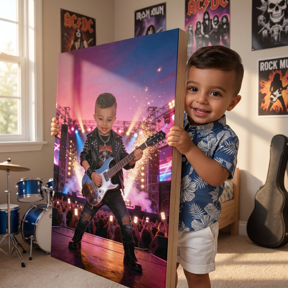 Der kleine Rockstar – Kinderportrait auf Leinwand