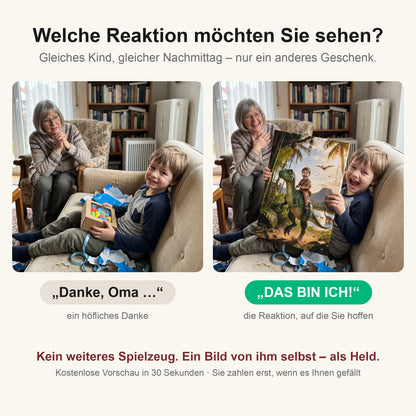 Vorher-Nachher: höfliches Danke beim Spielzeug, echte Freude vor der eigenen Leinwand