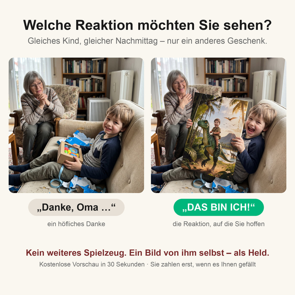 Vorher-Nachher: höfliches Danke beim Spielzeug, echte Freude vor der eigenen Leinwand